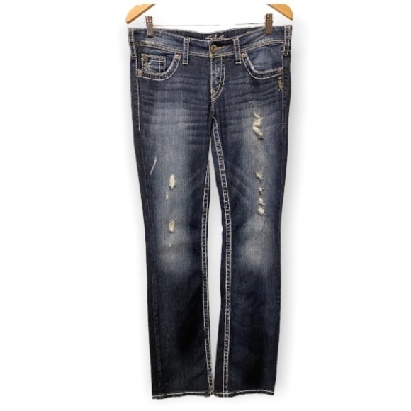 Silver Jeans 7/8 Long (29x35 Tag) Berkley Surplus Bootcut  Distressed Stretch - Picture 1 of 14